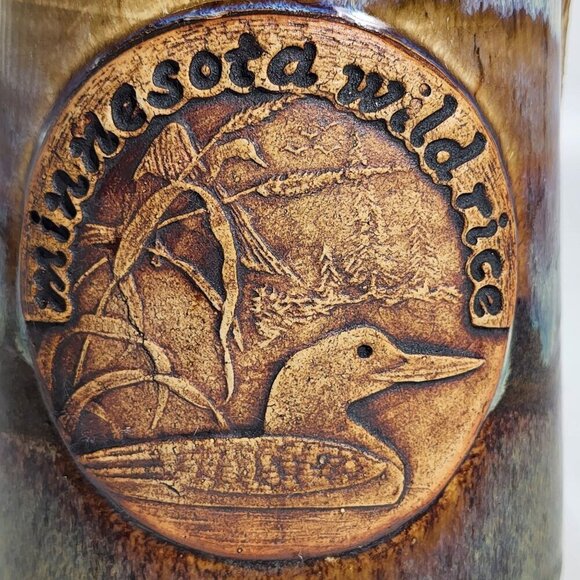 Vintage Wild Rice Blue Pottery Crock Canister Wood with Lid Duck Scene Minnesota - Picture 5 of 11